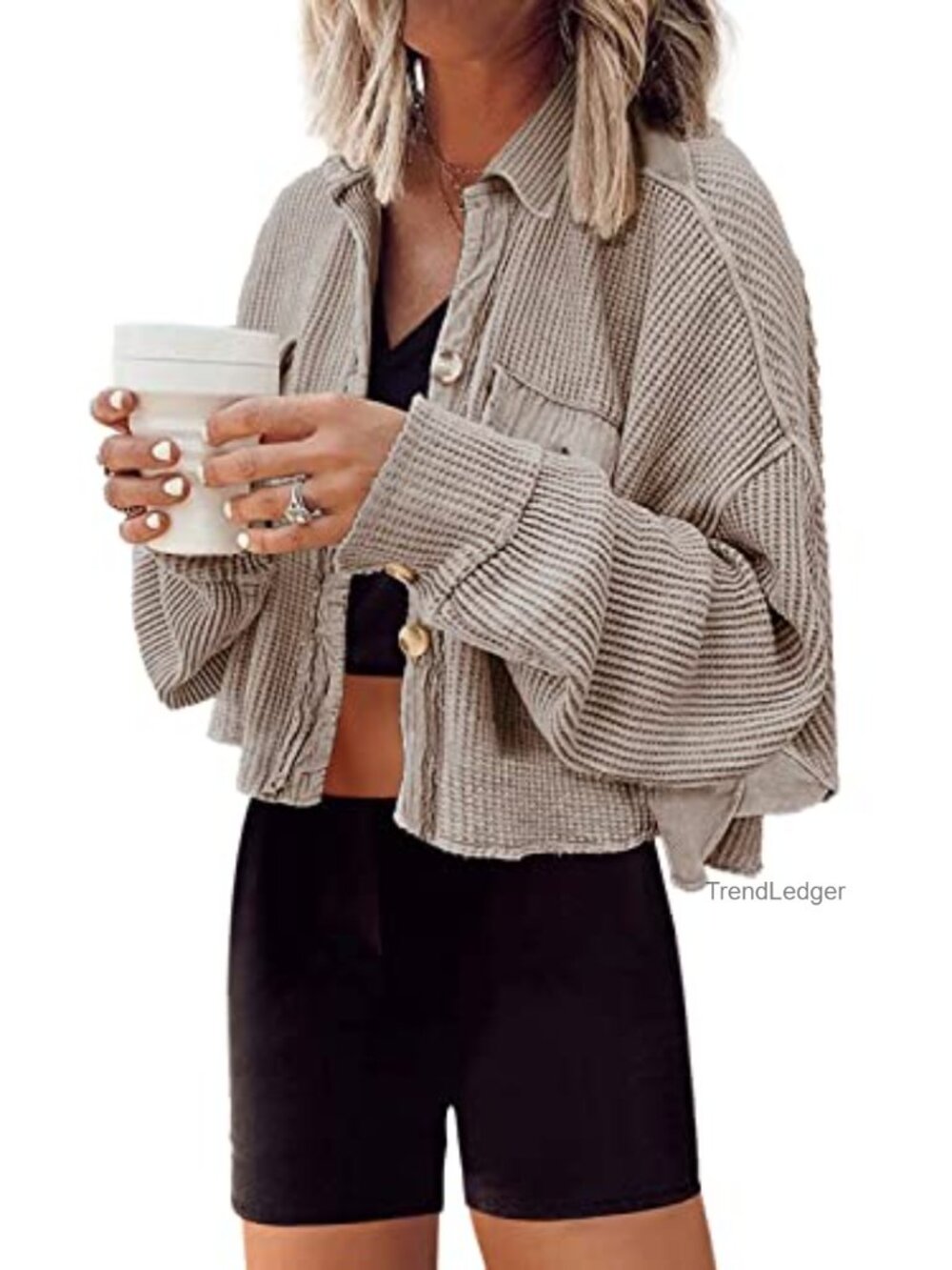 Waffle Knit Cropped Button Down Shacket Jacket Oversized Casual